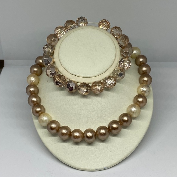 Cream & Taupe Pearl Necklace And Crystal Bracelet
